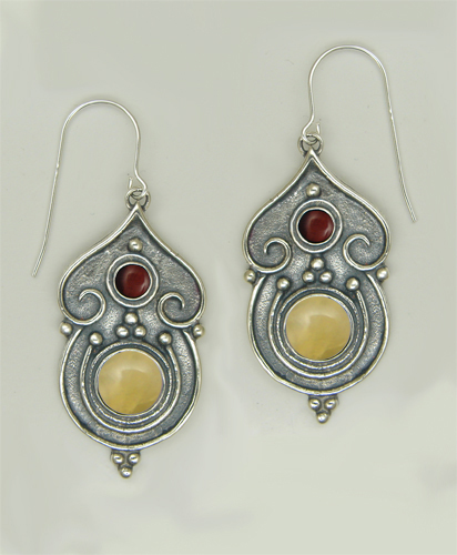 Sterling Silver Gothic Inspired Drop Dangle Earrings With Yellow Jade And Red Tiger Eye